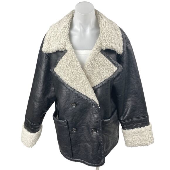 Free People Kaja Black Vegan Leather Sherpa Double Breasted Peacoat Jacket Sz L - Picture 1 of 4